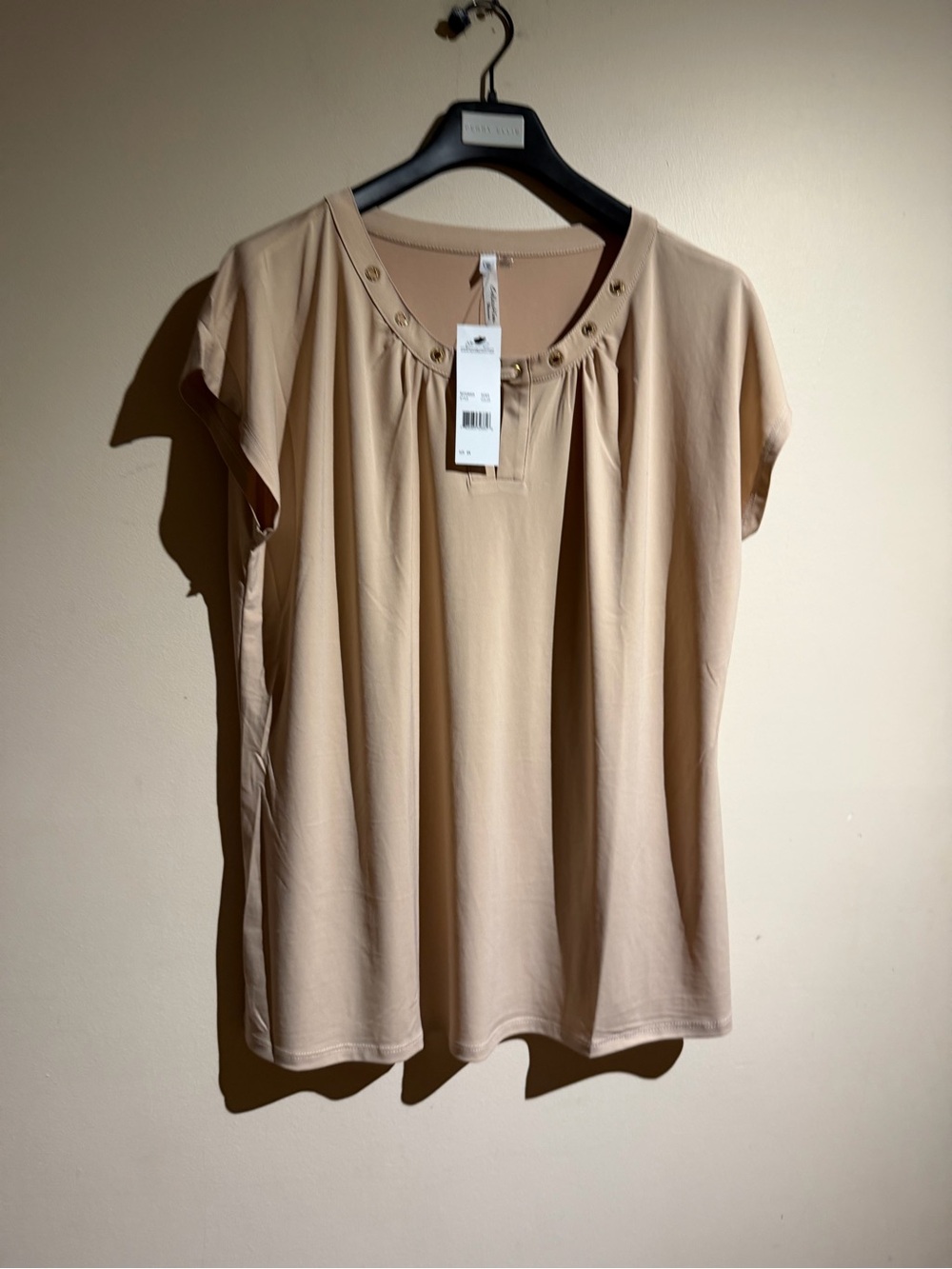 NY Collection Beige Short Sleeve Scoop Neck Top with Stud Accents